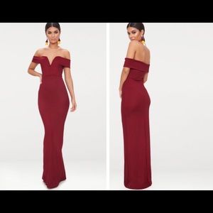 Burgundy Bardot V Plunge Maxi Dress